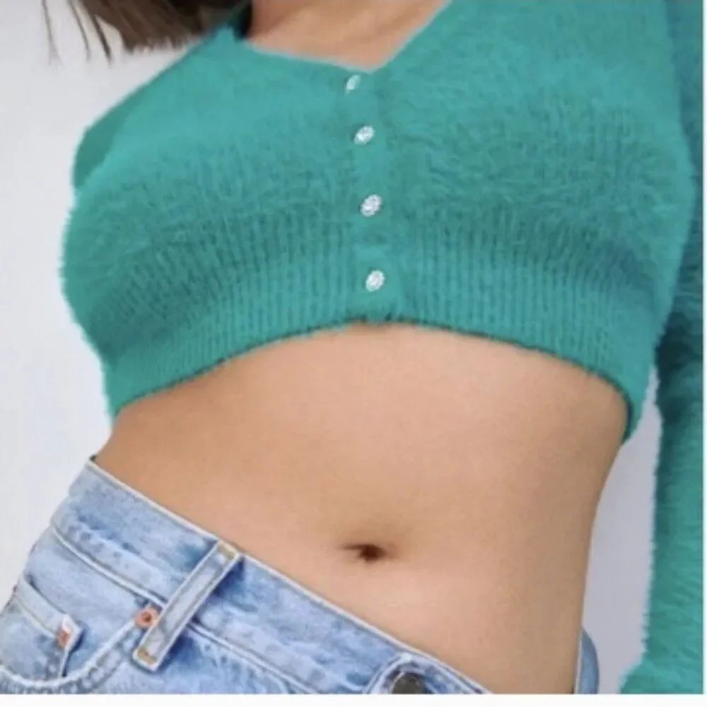 Zara Teal Fluffy Faux Fur Rhinestone Buttons Cropped Cardigan Sweater in Size S
